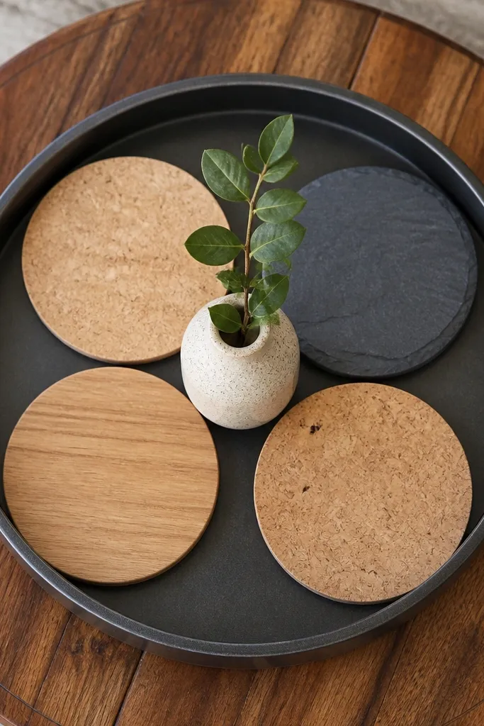 Round tray holding four coasters and a mini vase on a small coffee table