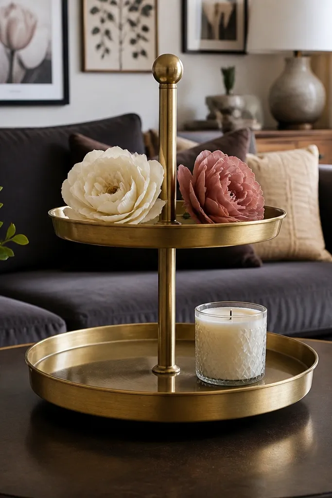 Two-tier cake stand centered with faux flower heads and a small candle