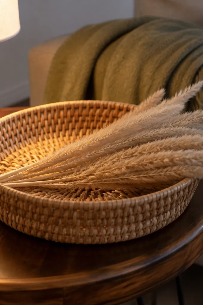 Woven basket tray centered with a few dried pampas tips in a small vase