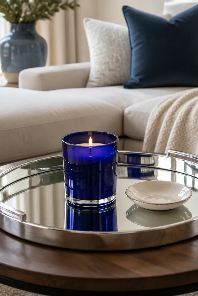 Mirrored tray centered with one bright candle and a small match holder