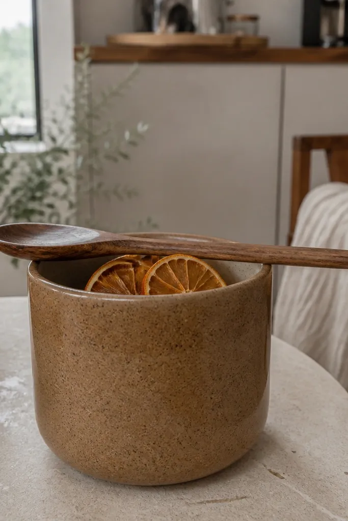 Stoneware canister centered with a wooden spoon and dried citrus slices