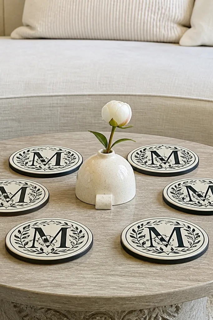Monogrammed coasters arranged on a tray with one small flower in the center