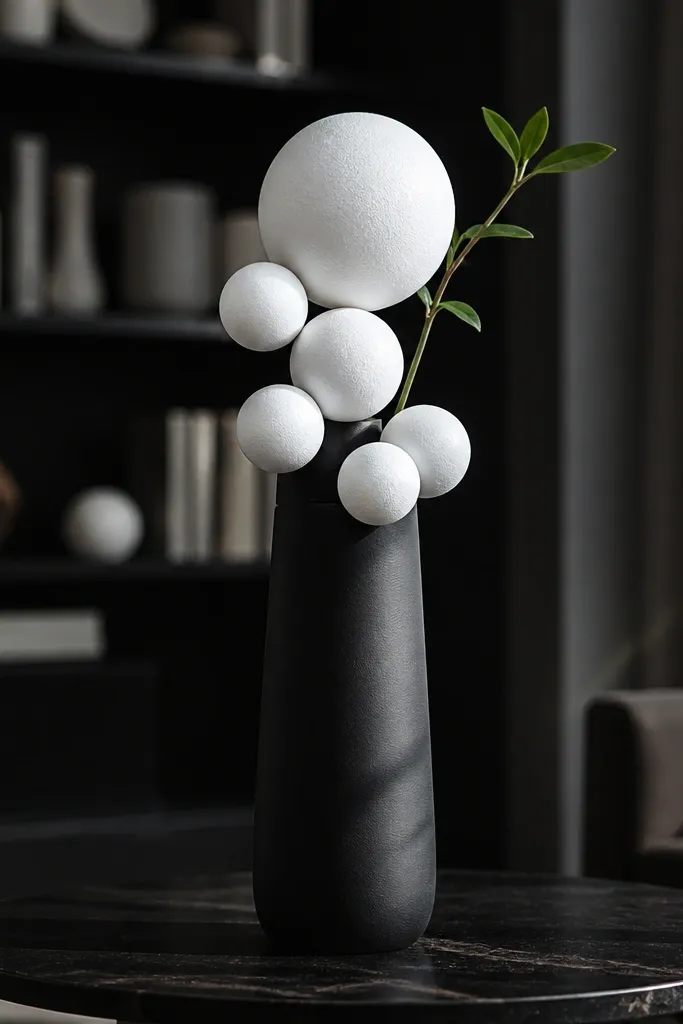 Black vase holding white foam balls with one green stem