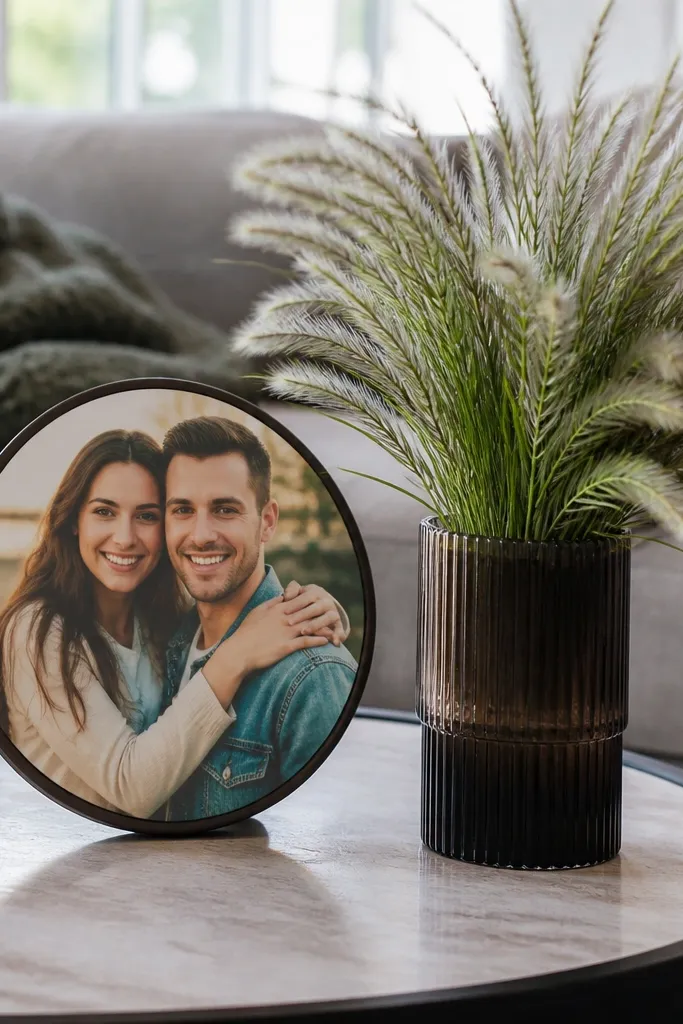 Small round picture frame centered with faux feather grass in a mini vase