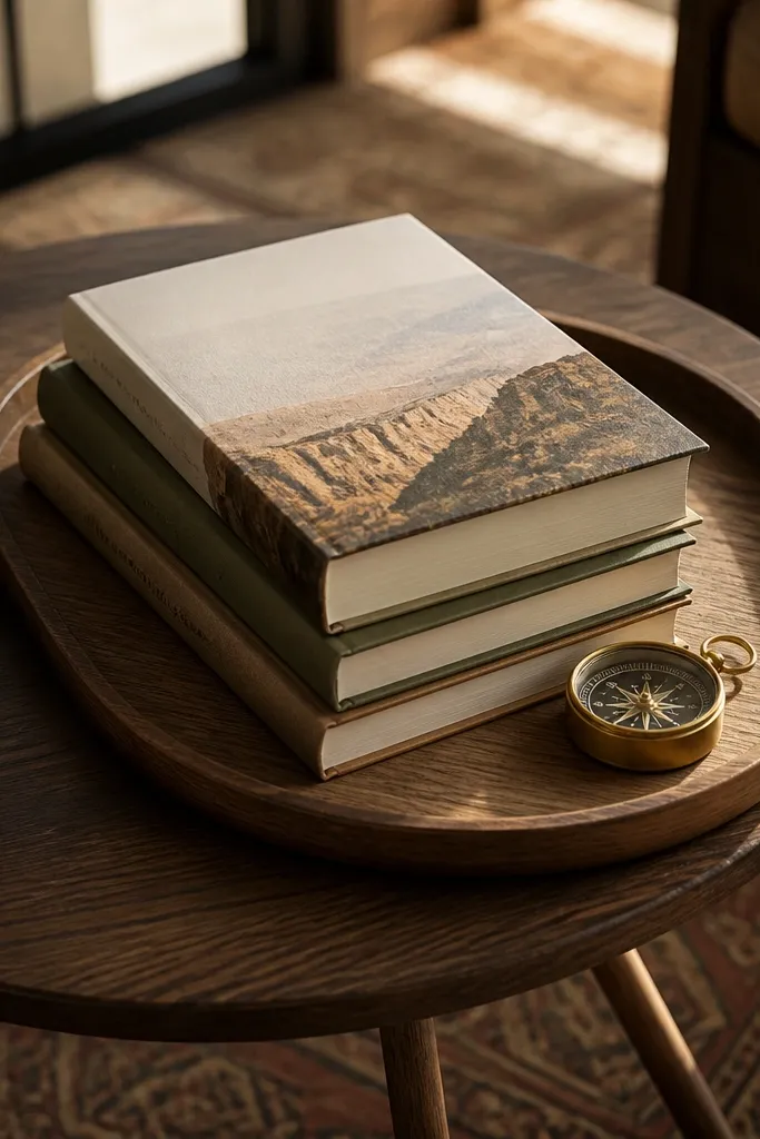 Two travel books stacked with a small brass compass centered on a round tray