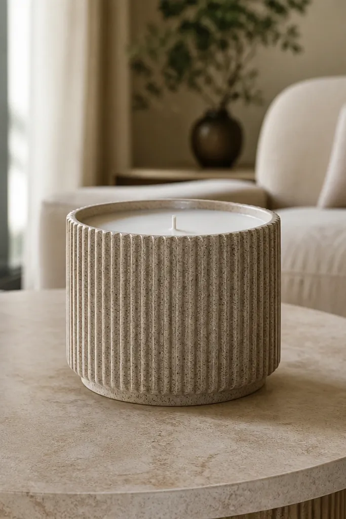 One large candle in a textured ceramic holder centered on a round coffee table