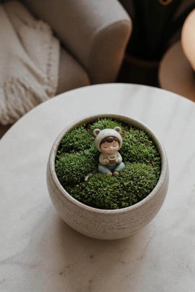 Small ceramic planter with moss top and a mini figurine centered