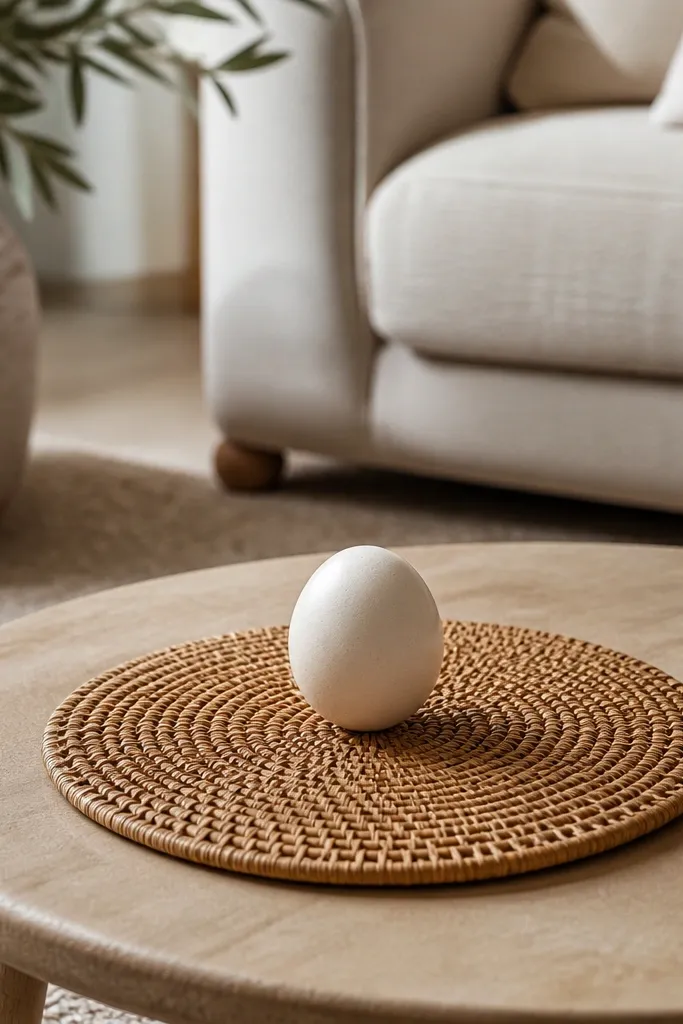 Round rattan mat with a low ceramic egg and a tiny candle