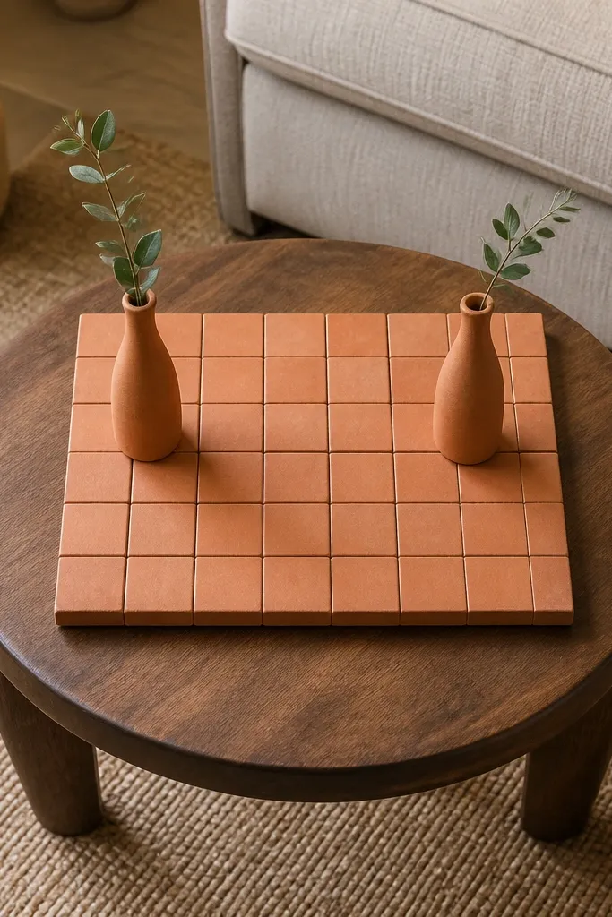 Terracotta tile coaster board with two mini vases on a round coffee table