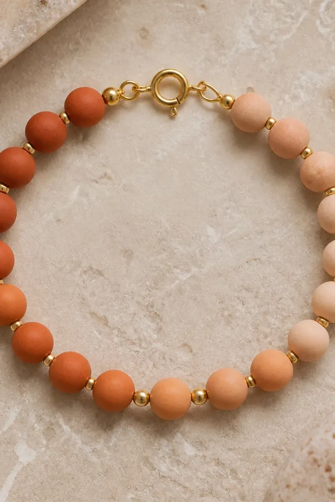 A terracotta clay bead bracelet photographed flat: beads fade from deep burnt orange to pale peach, separated by tiny gold-tone spacer beads, finished with a small gold clasp.