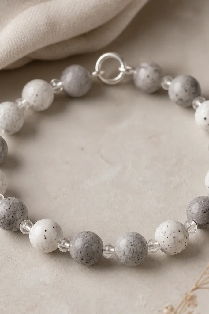 A bracelet with speckled clay beads in white and gray tones, separated by transparent seed beads that catch light, clasped with a silver jump ring.