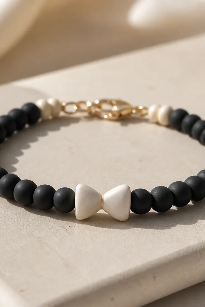 A black matte clay bead bracelet with a single cream clay bow-tie shaped focal bead in the center, plus tiny cream spacers near the clasp.