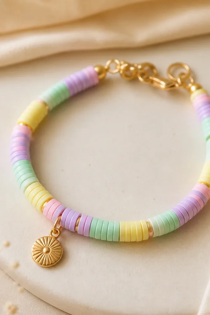A pastel clay bead bracelet showing mixed colors like lilac, mint, and butter yellow, with one small brass charm hanging near the clasp.