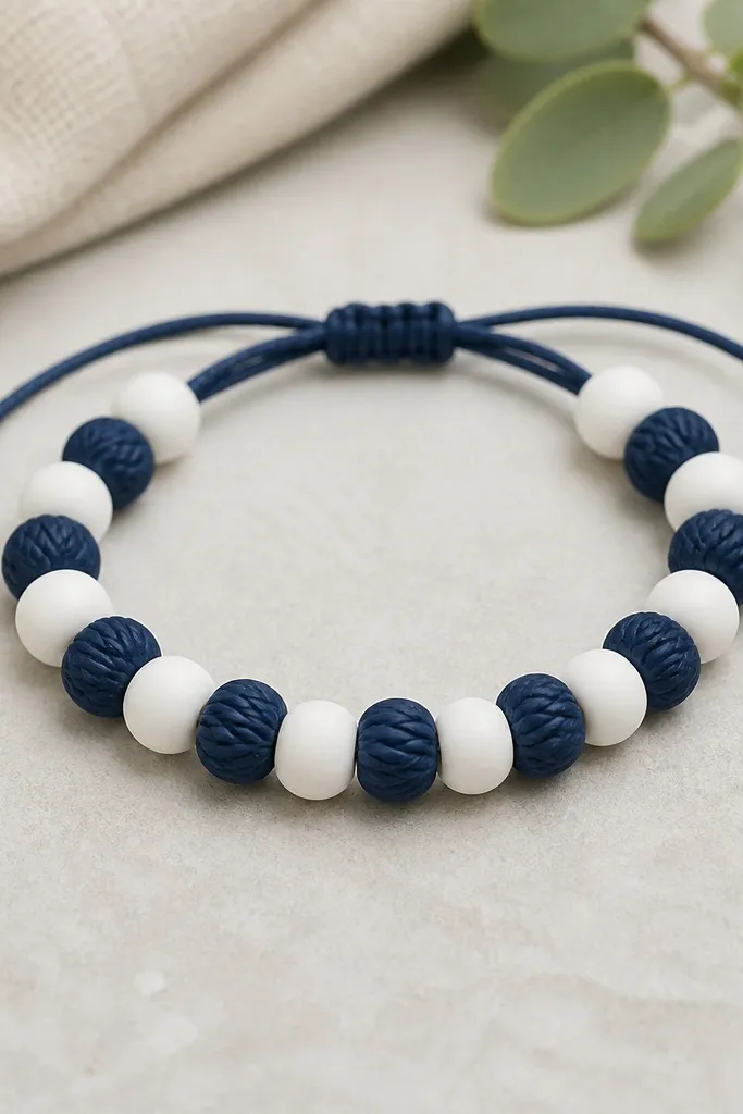 A navy blue and white clay bead bracelet laid out flat: navy rope-texture beads alternate with smooth white beads, tied with a navy cord.