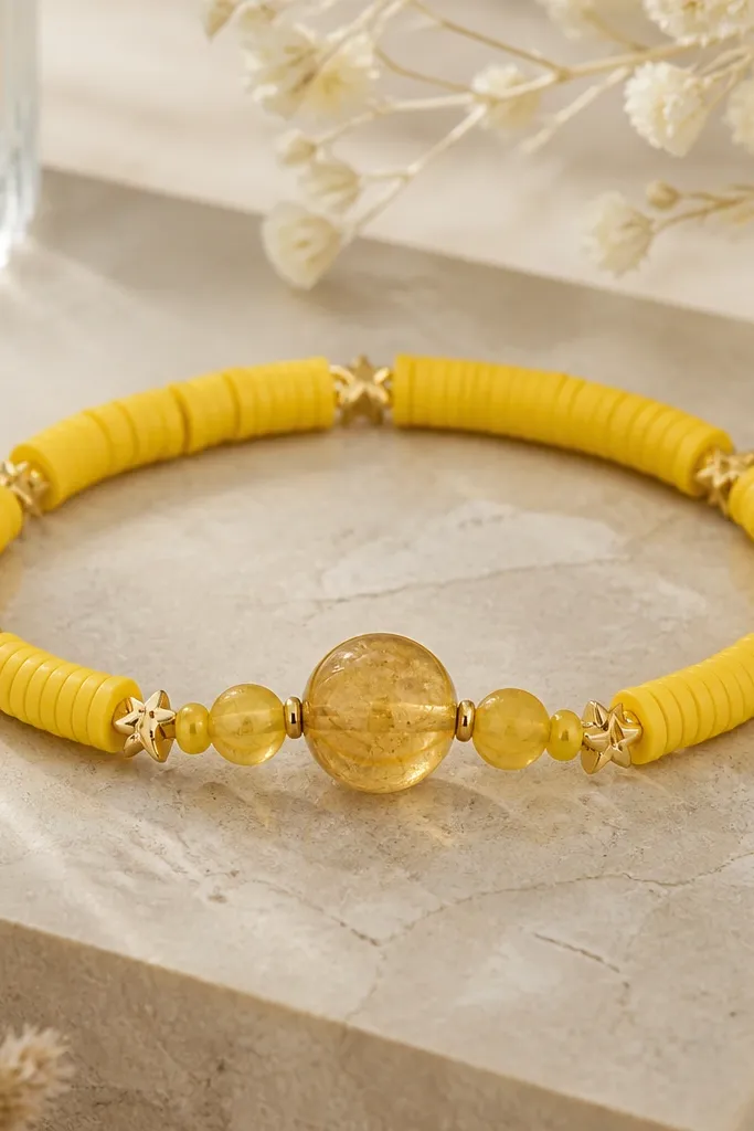 A bright yellow clay bead bracelet with a larger central citrine bead, surrounded by smaller beads, plus tiny gold star-shaped spacers.
