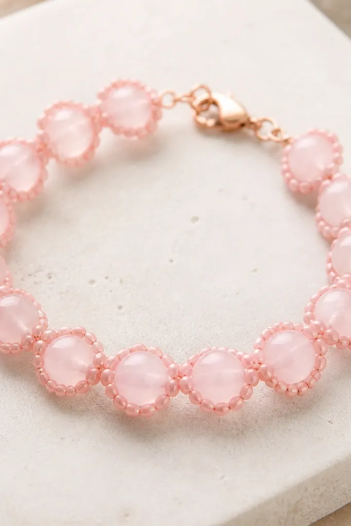 A blush and pink clay bead bracelet: translucent pink beads look like rose quartz, each ringed with a few blush seed beads, finished with a small rose-gold clasp.