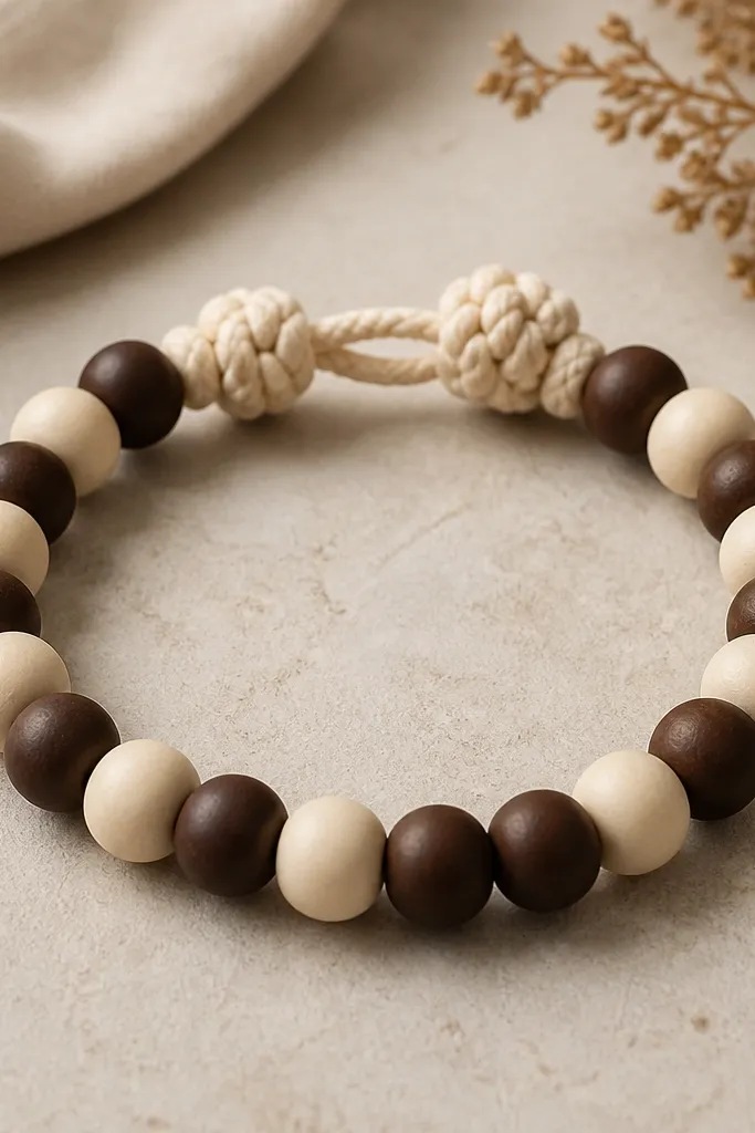 A bracelet with cream and espresso brown clay beads alternating, with thick cream cord knotting at the clasp area.