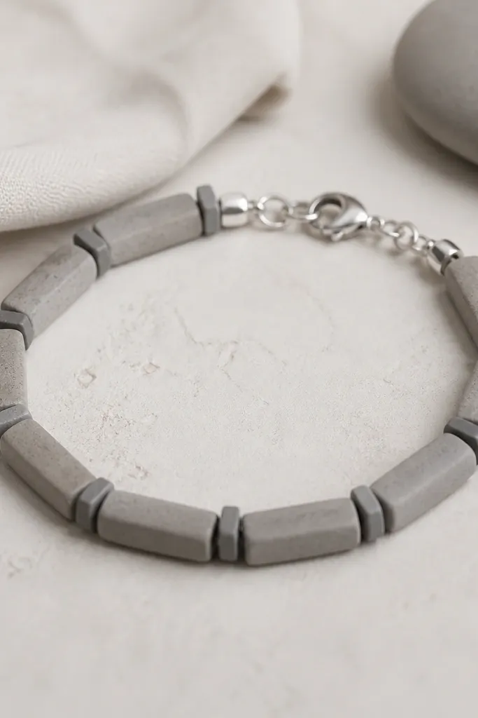 A monochrome bracelet in gray tones: long rectangular clay beads alternate with small flat gray spacers, finished with a silver clasp.