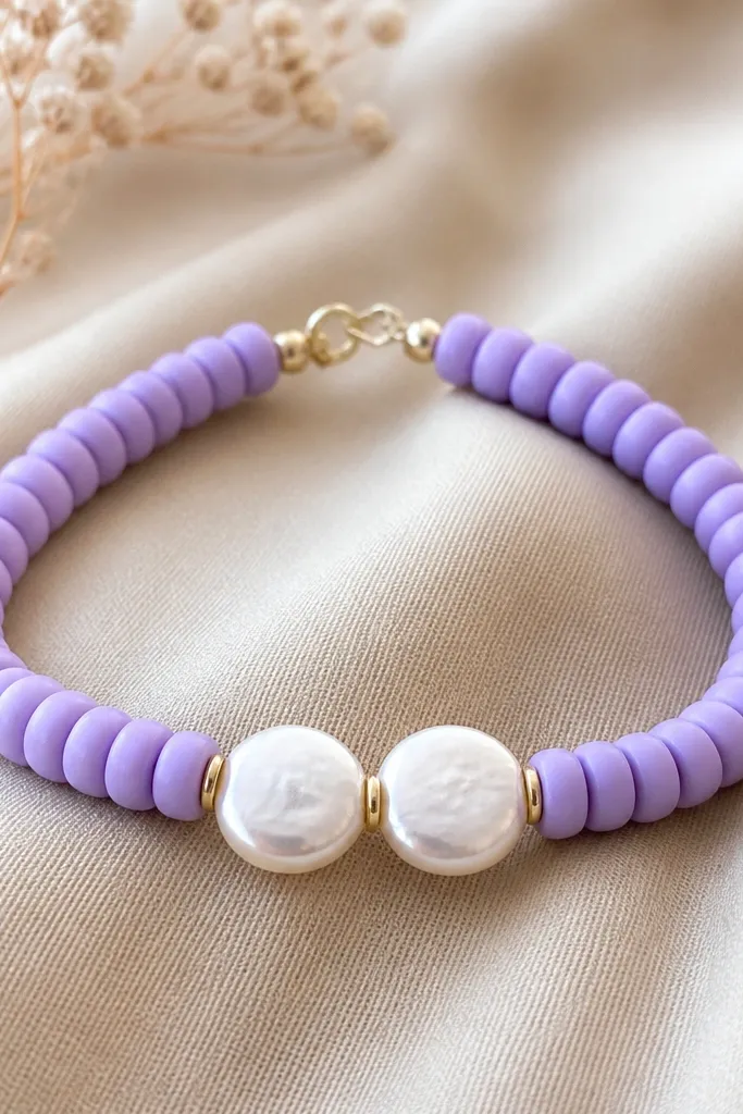 A lavender clay bead bracelet with matte lavender beads and two larger white button-shaped pearl-like beads near the center.