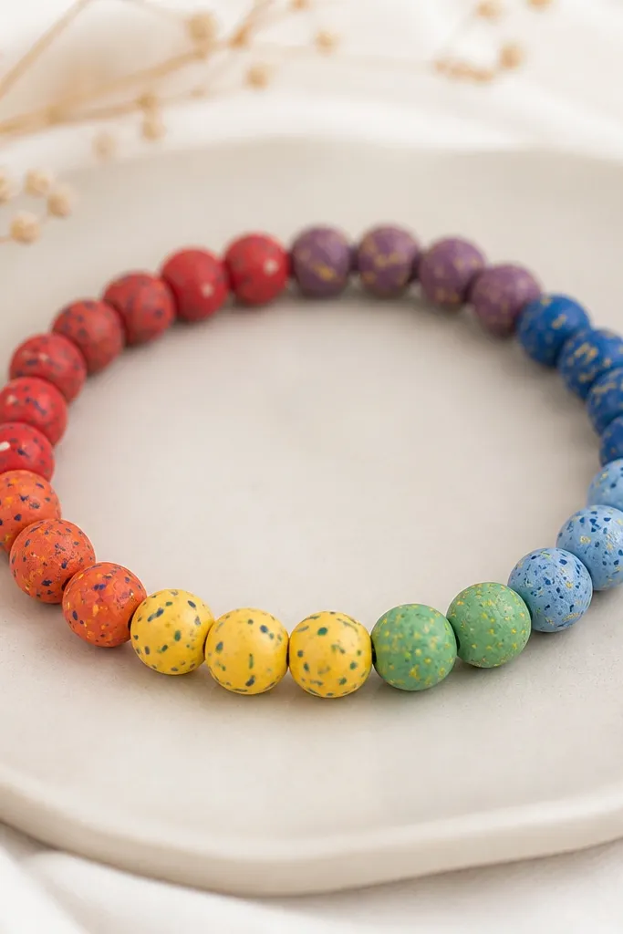 A multicolor bracelet where each clay bead has tiny speckles in two colors, arranged like a rainbow from red to violet.