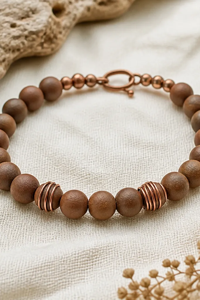 A brown clay bead bracelet with two beads wrapped in thin copper wire loops, plus small copper spacer beads near the clasp.