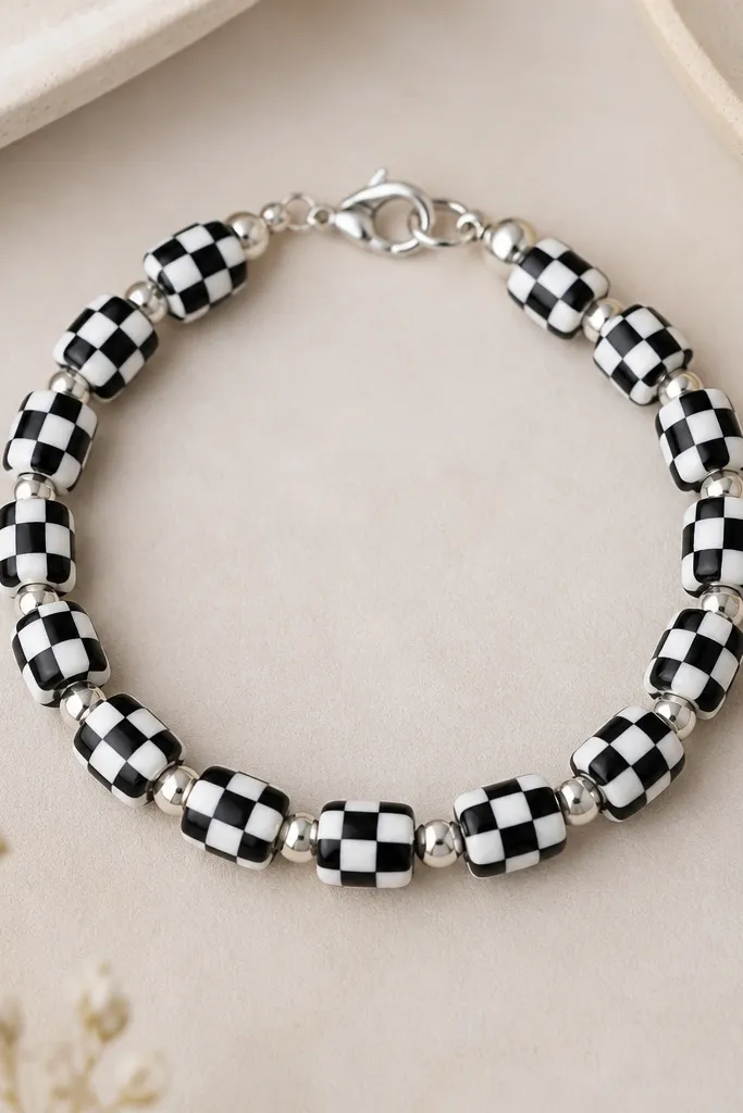 A high-contrast black and white checkerboard clay bead bracelet with small round spacers and a silver clasp, photographed straight-on.
