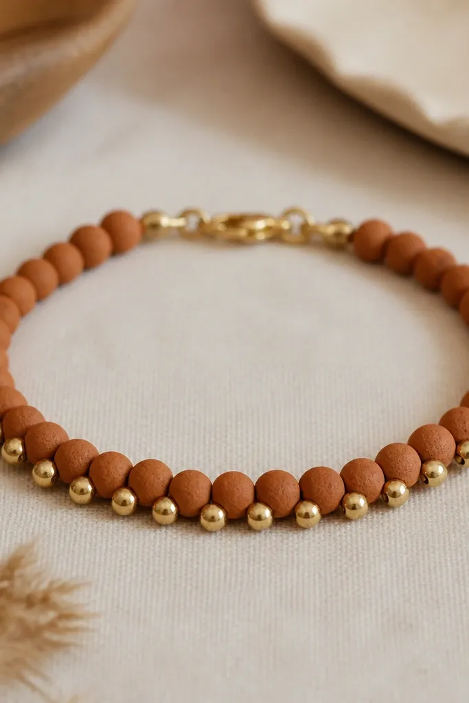 A warm-toned bracelet with terracotta clay beads and tiny metallic gold clay beads placed along one edge of the pattern, with a thin gold clasp.