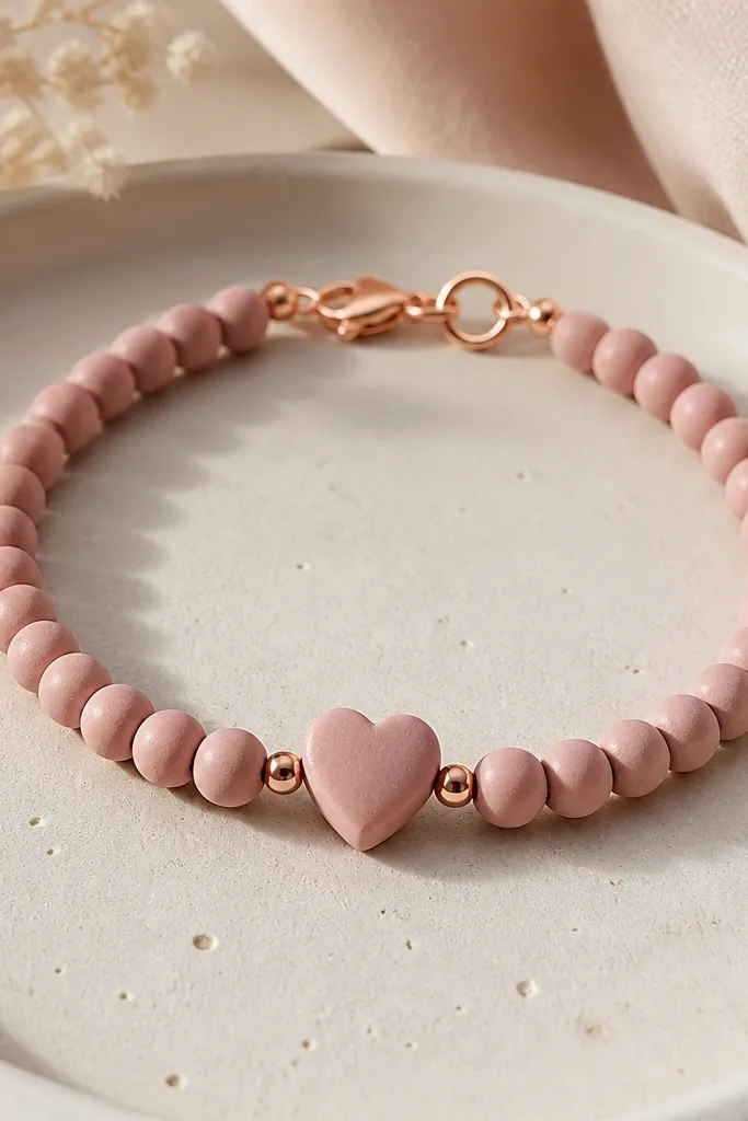 A dusty pink clay bead bracelet with a single small heart-shaped clay bead as the center focal, surrounded by round pink beads and a rose-gold clasp.
