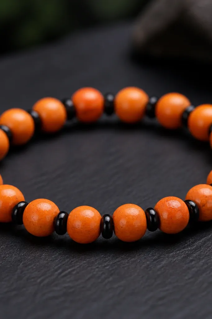 A bright orange clay bead bracelet with black resin-like spacer beads between each orange bead, photographed against a dark background.