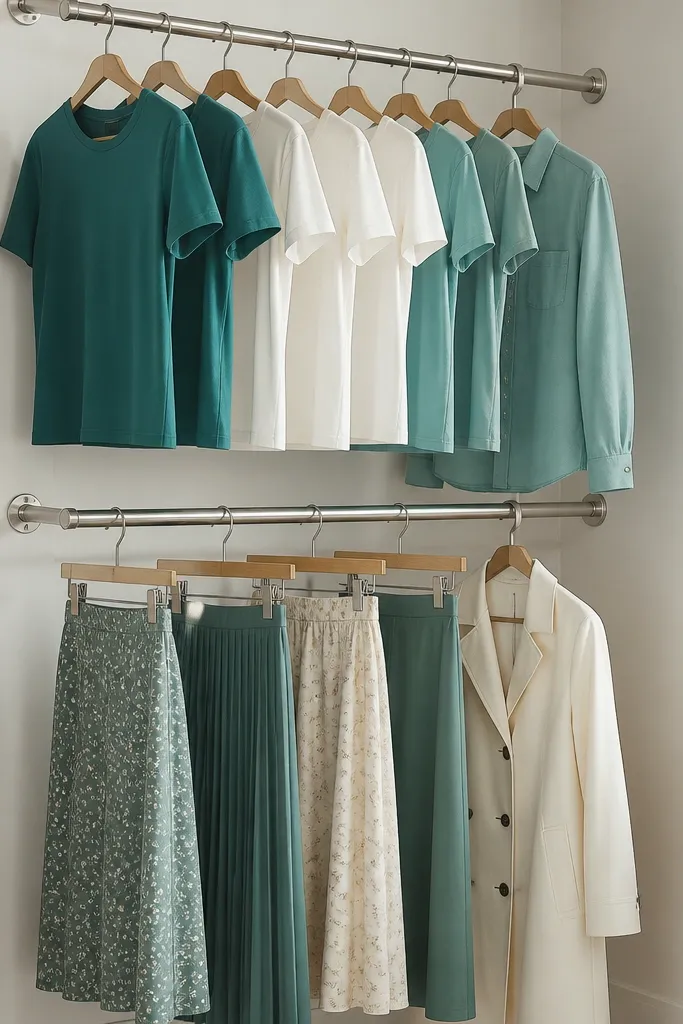 Closet with two metal rods, short dresses on the top and long coats on the bottom