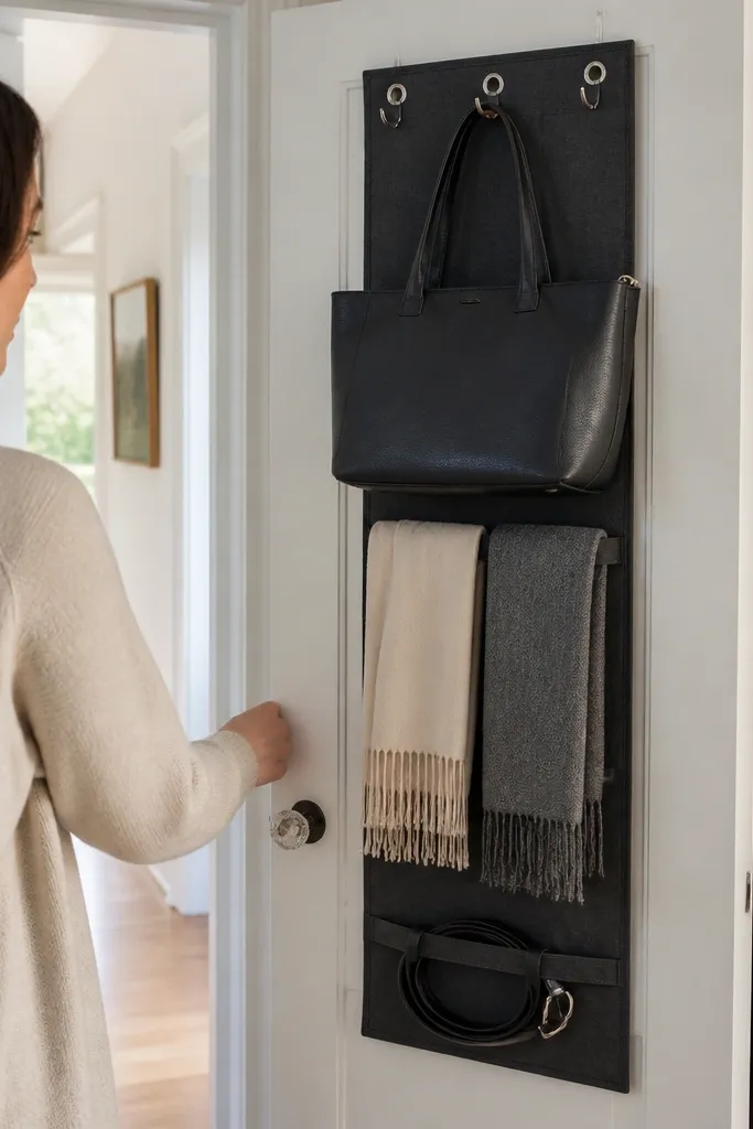 Closet door with hooks and a hanging organizer that sits flat when closed