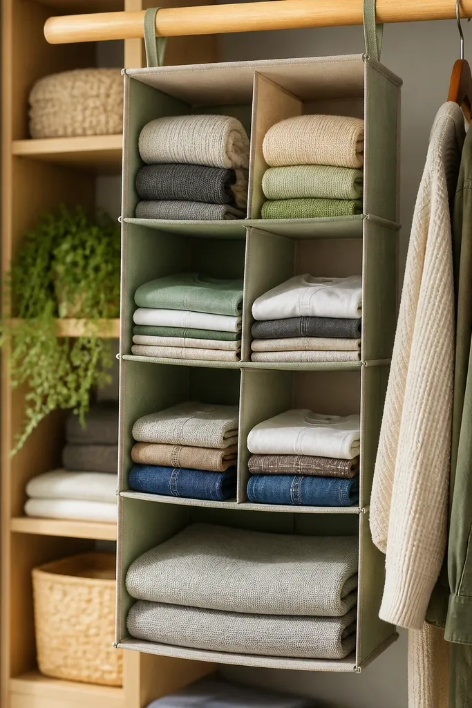 Fabric hanging organizer with separate labeled sections for tops and accessories