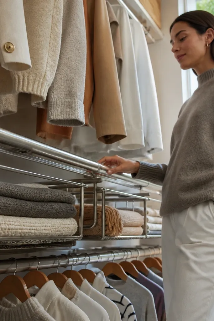 Metal baskets hanging from the closet rod holding folded sweaters