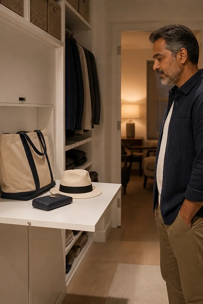 Wall-mounted fold-down shelf in a closet with a small tray for bags