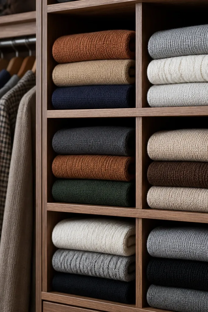 Closet cubby with vertical dividers separating folded knitwear stacks