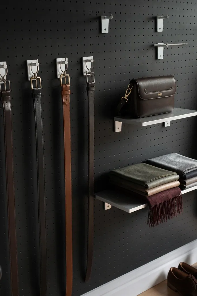 Closet back wall with pegboard and neatly arranged hooks and small shelves