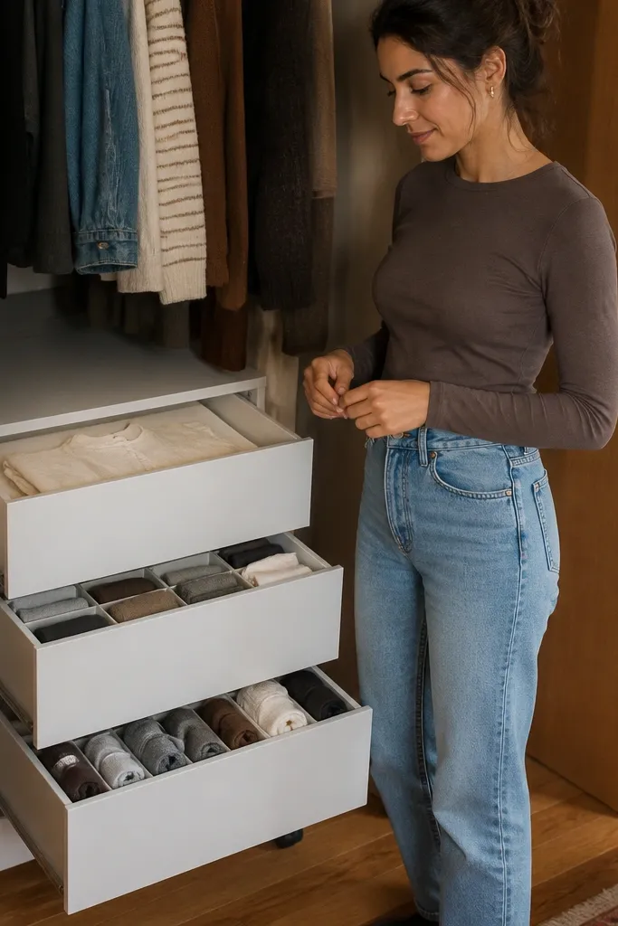 Small rolling drawer cart inside a closet with labeled drawers for socks and underwear