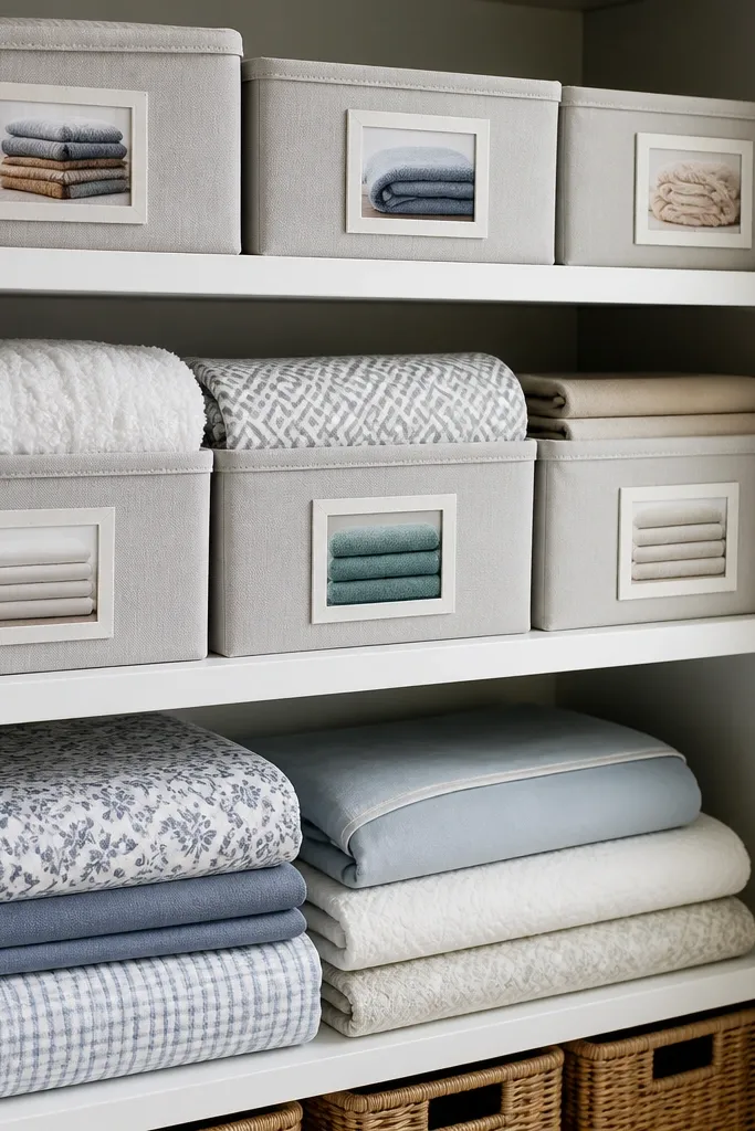 Closet shelf of folded linens with small labeled card fronts aligned