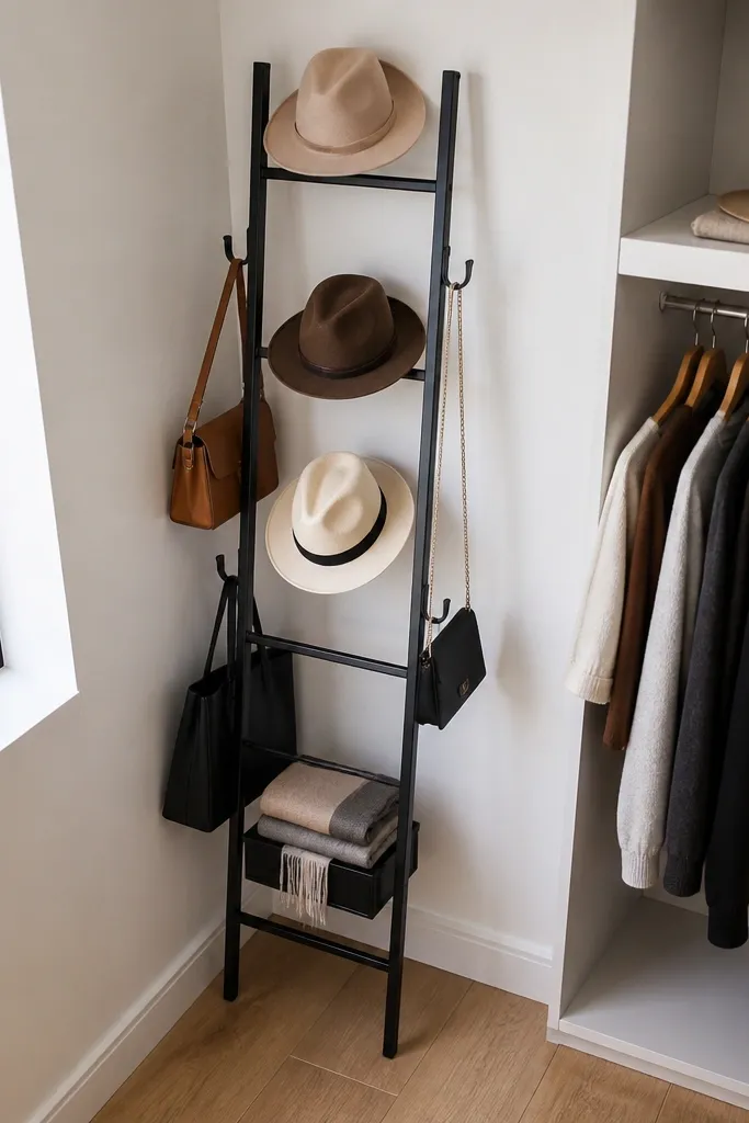 Small corner closet with a slim vertical ladder holding hats and bags
