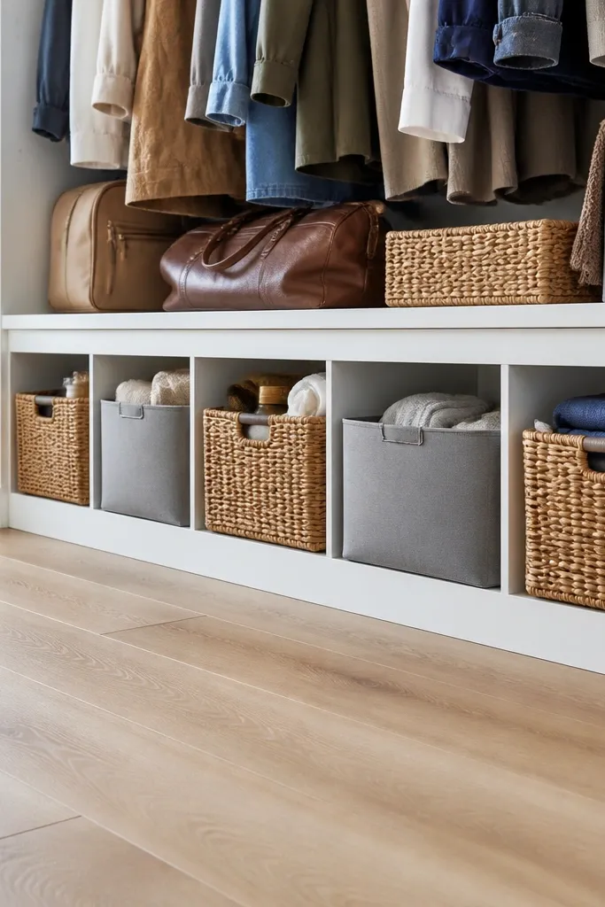 Closet bottom shelf with removable baskets for bags and small items