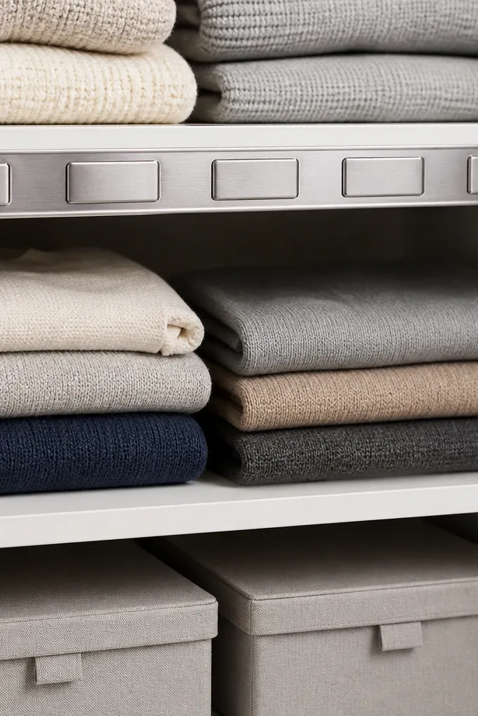Closet shelf with a slim magnetic label strip and neat white tags.