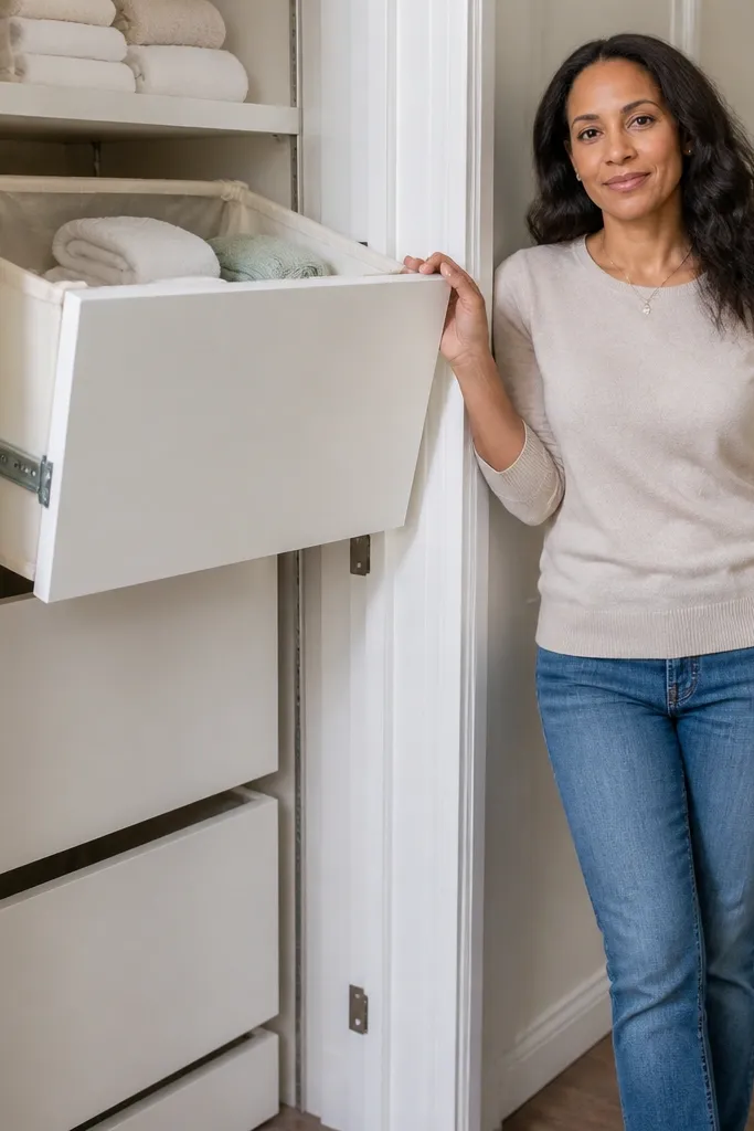 Pull-out hamper drawer unit with two stacked fabric bins in a closet corner.