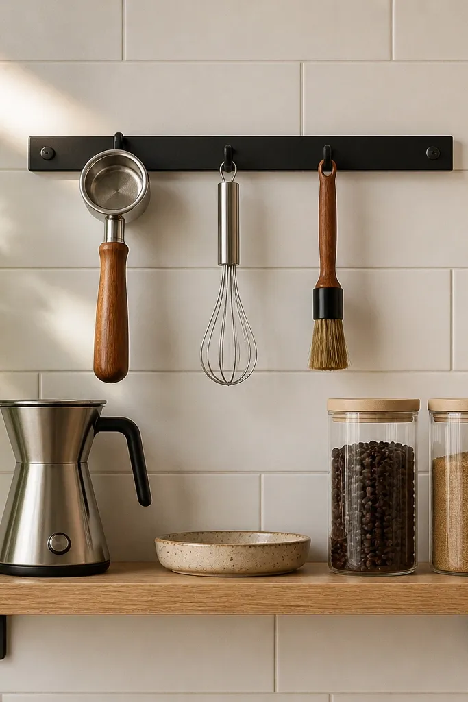 Floating shelf under a wall rail holding jars, mugs, and a small brewer