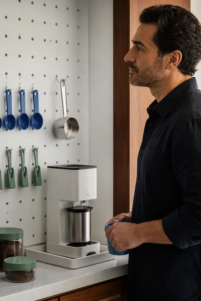 Pegboard wall with hooks, jars, and a small coffee station on a narrow counter