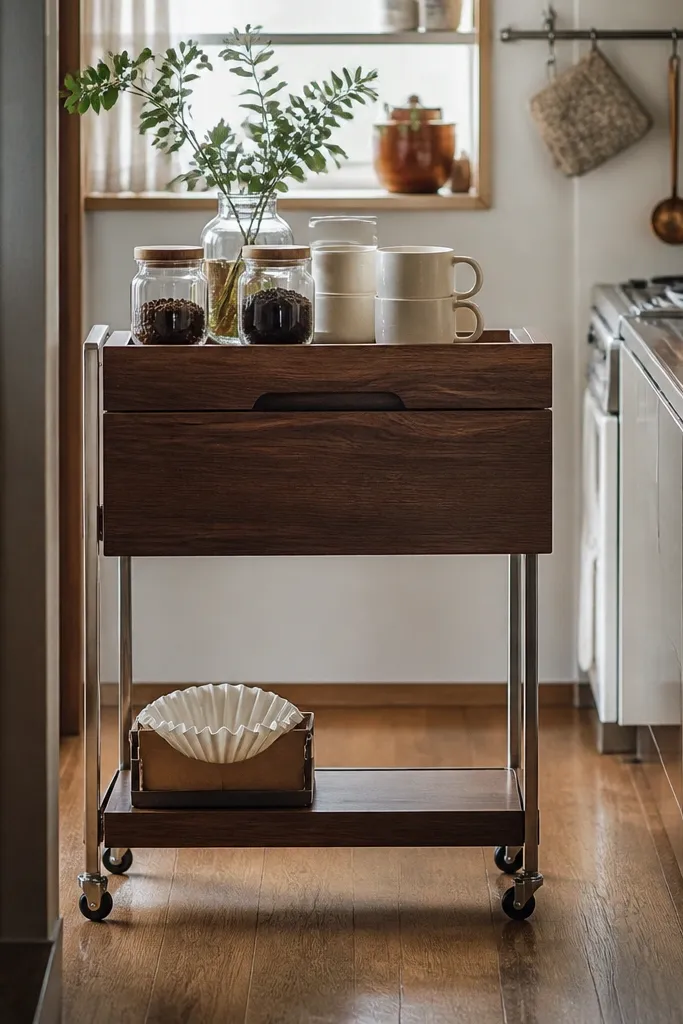 Small rolling cart with a flip-top tray, jars, and mugs arranged neatly