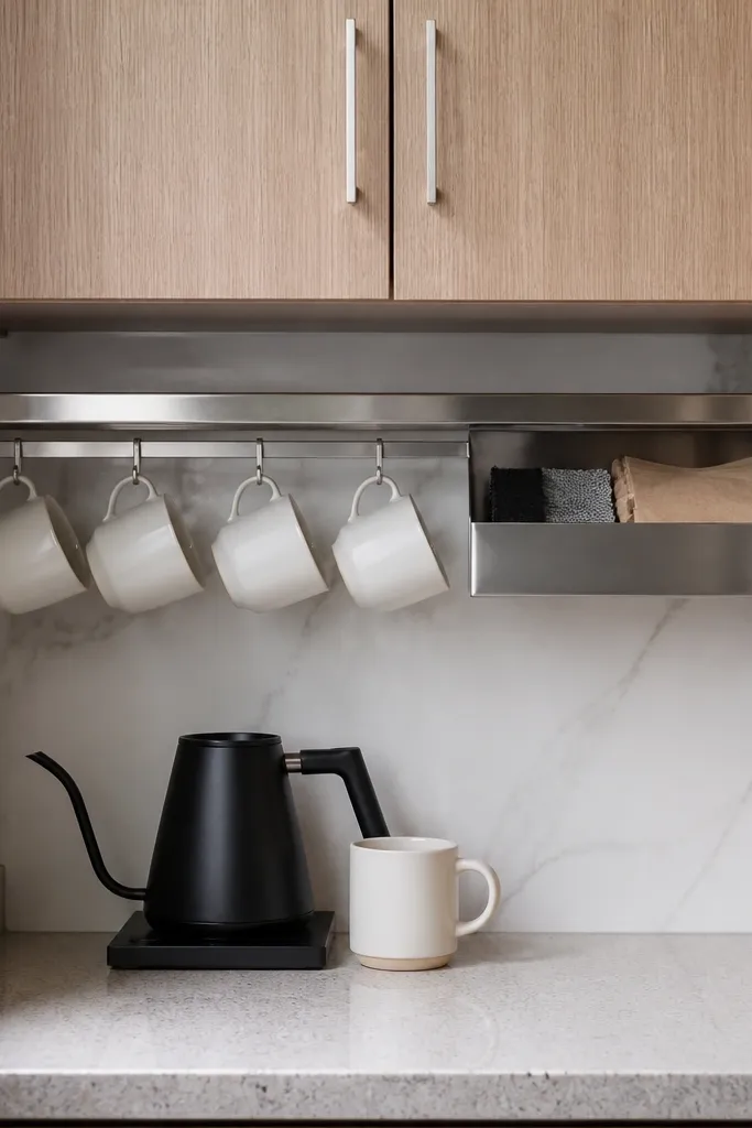 Small shelf under cabinet holding coffee tools and jars, with brewer on counter