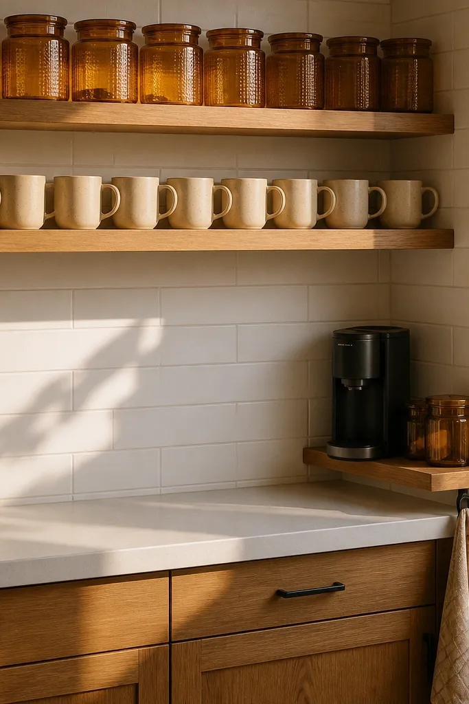 Floating shelves in a kitchen corner holding mugs and a small coffee setup