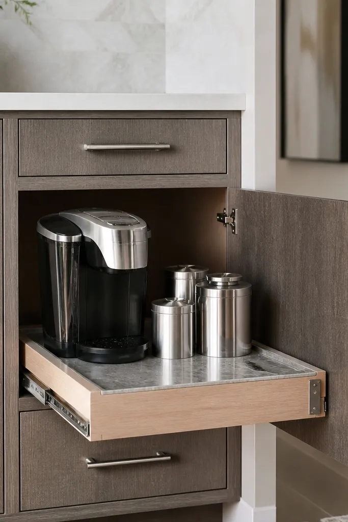 Coffee station hidden behind a cabinet door with a pull-out tray and jars