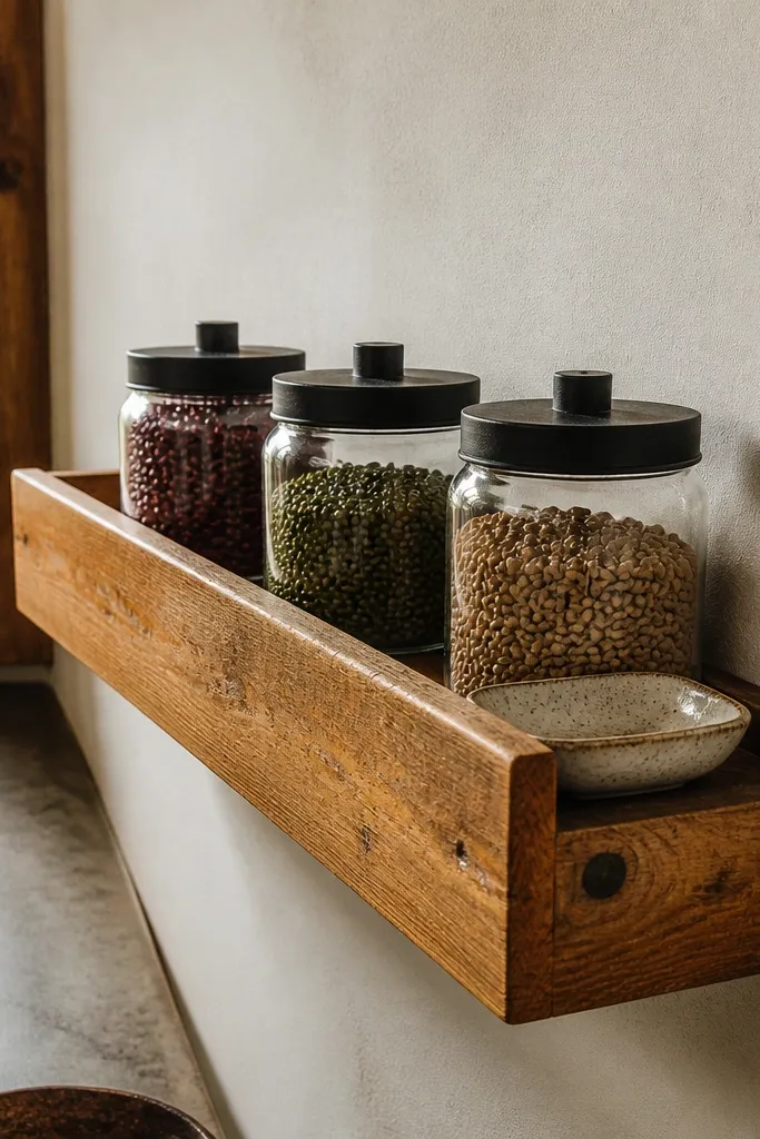 Wood picture-ledge shelf with matching coffee jars and a small brewer tray