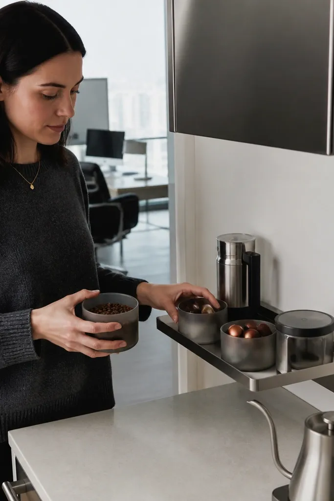 Slim coffee setup with stainless accents on a floating shelf over a narrow counter